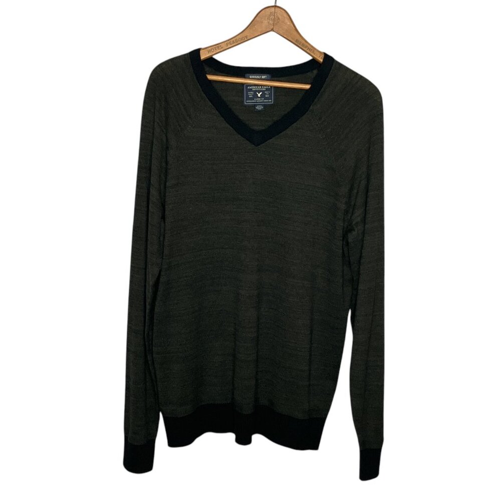 American Eagle Men's Medium M Green V-Neck Cotton Wool Blend Pullover Sweater